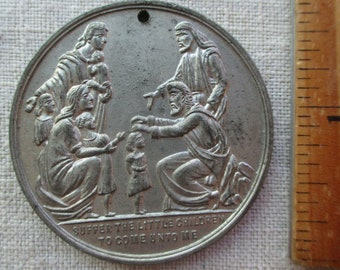 large antique religious medal, Jesus and the Children coin