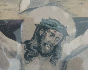 Jesus ~ antique handcolored Jesus crucifix framed illlustration