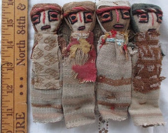 antique Peruvian Chancay dolls, burial cloth dolls, set of four handmade, folk art dolls