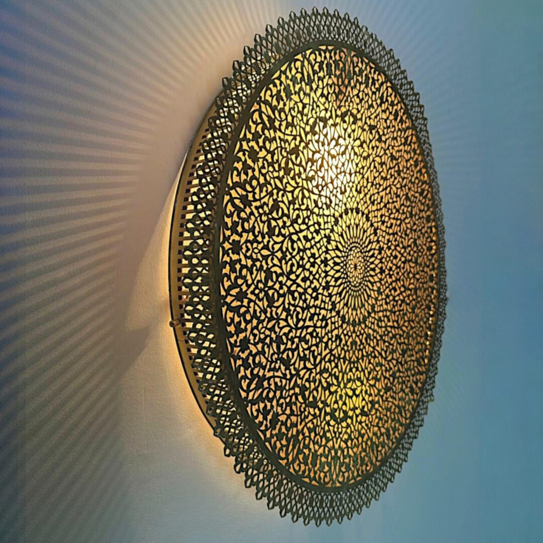 Sconce Shadow Rendering Moroccan Round Brass Wall Sconce – Shadow Pattern Flush Mount Light ...
