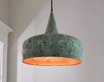 Grande lampada a sospensione in rame ossidato - Lampada da soffitto in stile fattoria con patina verde per isola cucina