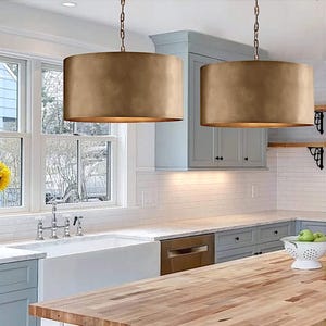 Pair of Hanging Drum Lamp Shades, Set of 2 Lighting Pendants Kitchen Island, Burnished Brass Drum Light Fixture — Bronze Chandelier Lighting