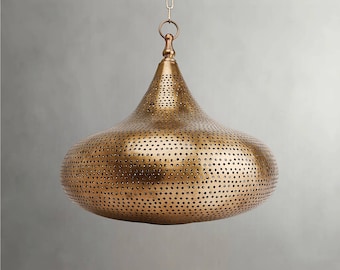 Moroccan Brass Pendant Light – Handmade Teardrop Hanging Lamp for Entryway & Indoor Room Lights