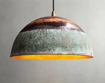 Kitchen Island Pendant Light – Oxidized Copper Dome Ceiling Lamp Fixture with Rustic Patina Finish