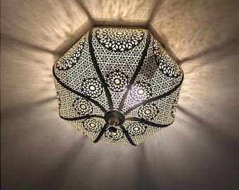Moroccan Flush Mount Ceiling Light – Handmade Brass Fixture for Night Ambient Lighting