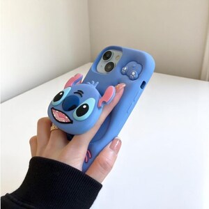 Cute Blue Stitch Phone Case, Soft Silicone iPhone Cover with Grip Stand, Gift for Cartoon Lovers