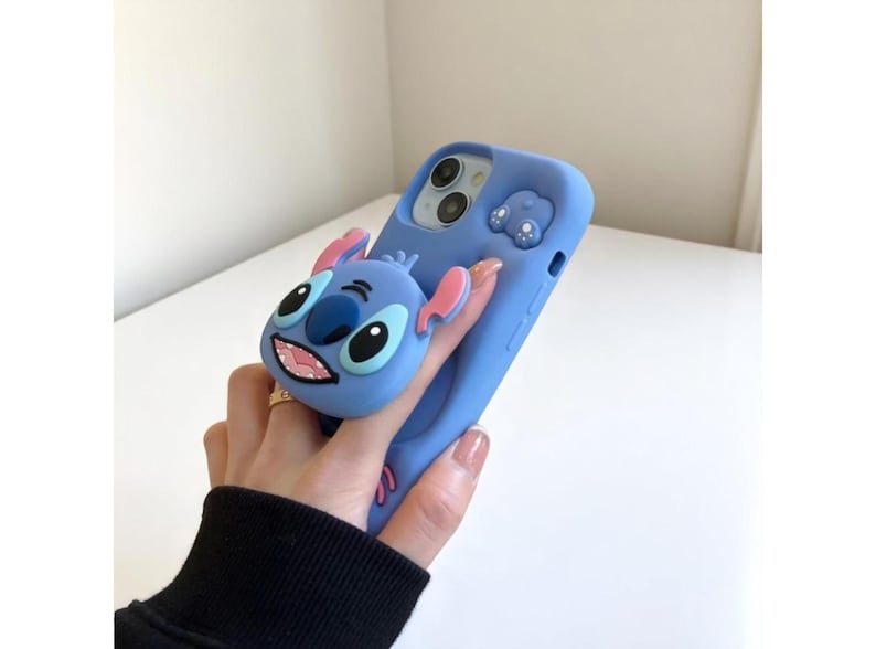 Cute Blue Stitch Phone Case, Soft Silicone iPhone Cover with Grip Stand, Gift for Cartoon Lovers