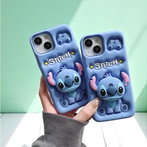 Cute Blue Stitch Phone Case, Soft Silicone iPhone Cover with Grip Stand, Gift for Cartoon Lovers