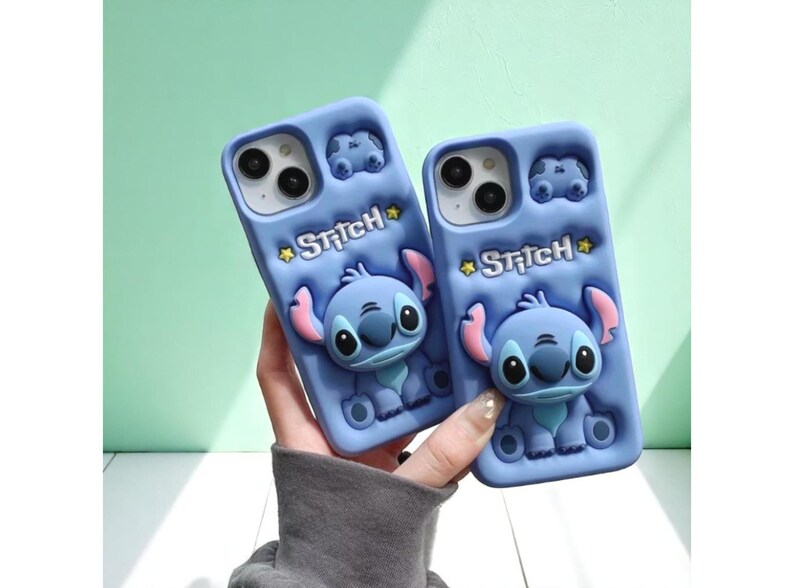 Cute Blue Stitch Phone Case, Soft Silicone iPhone Cover with Grip Stand, Gift for Cartoon Lovers