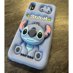 Cute Blue Stitch Phone Case, Soft Silicone iPhone Cover with Grip Stand, Gift for Cartoon Lovers