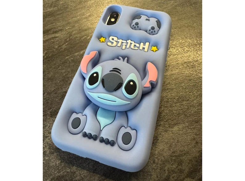 Cute Blue Stitch Phone Case, Soft Silicone iPhone Cover with Grip Stand, Gift for Cartoon Lovers