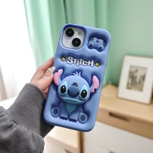 Cute Blue Stitch Phone Case, Soft Silicone iPhone Cover with Grip Stand, Gift for Cartoon Lovers