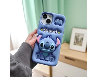 Cute Blue Stitch Phone Case, Soft Silicone iPhone Cover with Grip Stand, Gift for Cartoon Lovers