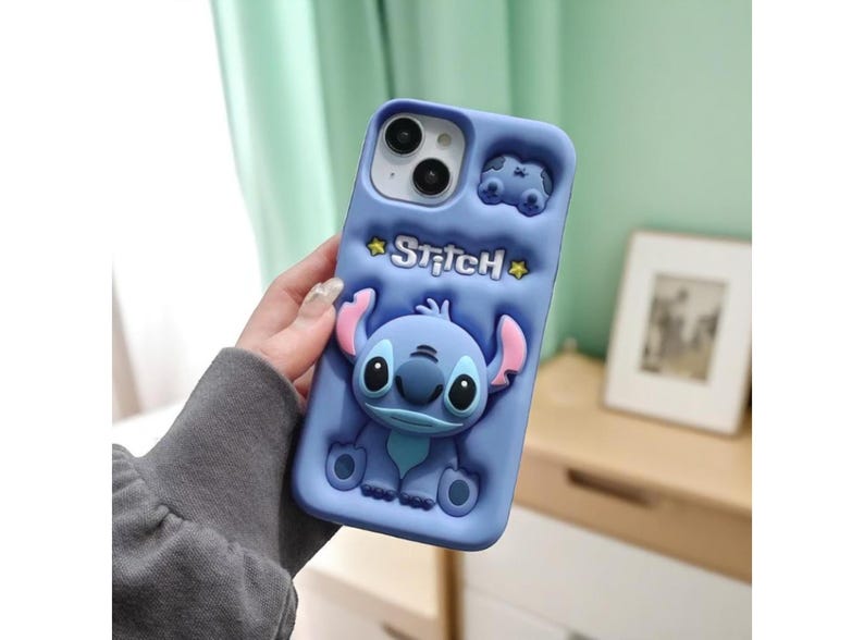 Cute Blue Stitch Phone Case, Soft Silicone iPhone Cover with Grip Stand, Gift for Cartoon Lovers