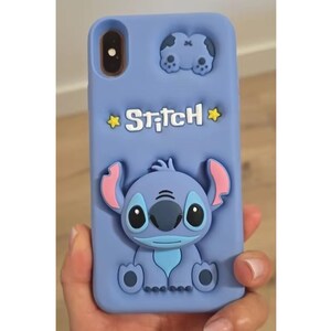 Cute Blue Stitch Phone Case, Soft Silicone iPhone Cover with Grip Stand, Gift for Cartoon Lovers