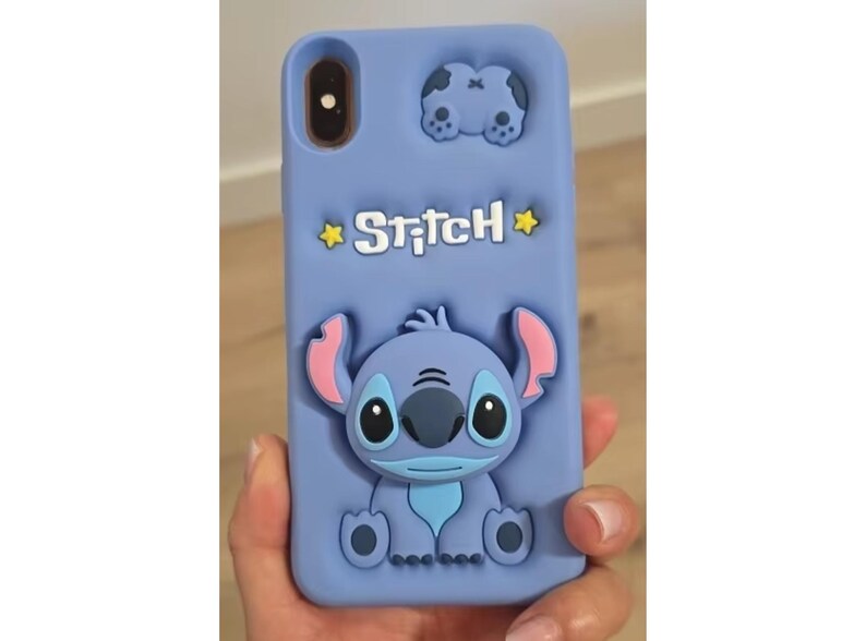 Cute Blue Stitch Phone Case, Soft Silicone iPhone Cover with Grip Stand, Gift for Cartoon Lovers