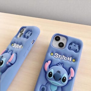 Cute Blue Stitch Phone Case, Soft Silicone iPhone Cover with Grip Stand, Gift for Cartoon Lovers