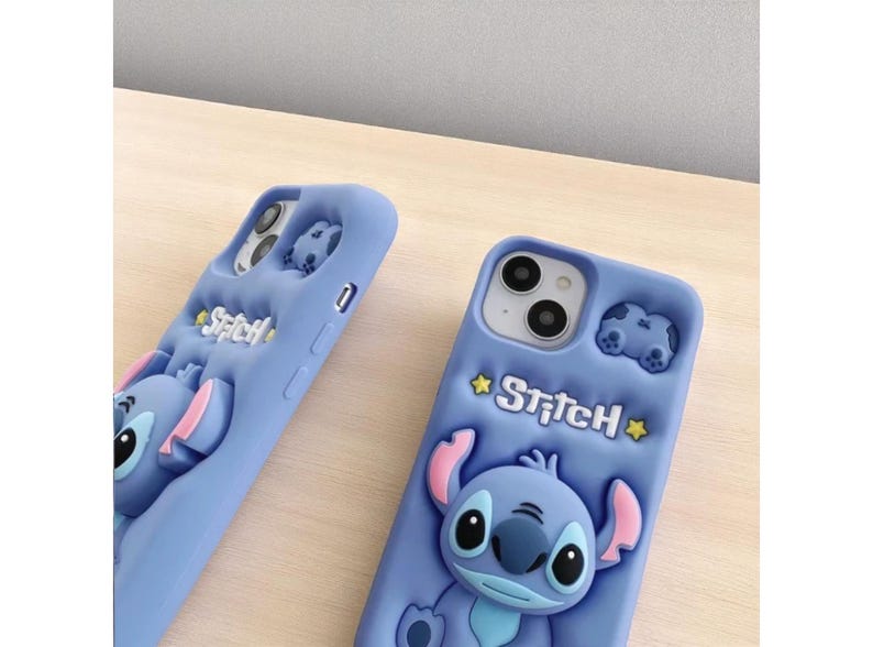 Cute Blue Stitch Phone Case, Soft Silicone iPhone Cover with Grip Stand, Gift for Cartoon Lovers