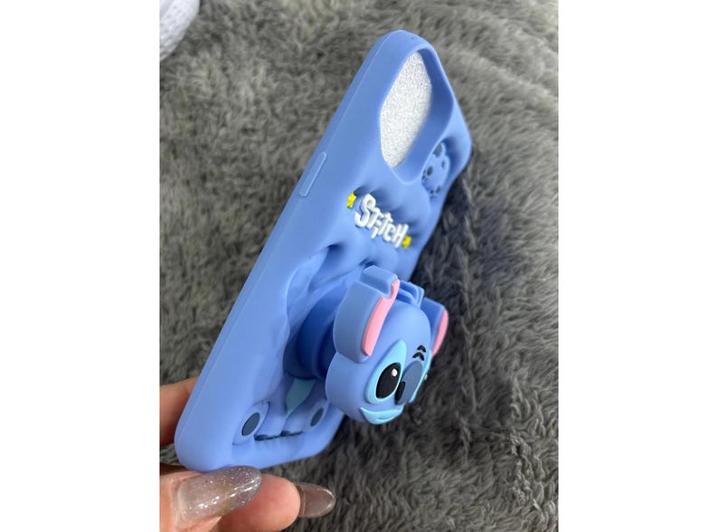 Cute Blue Stitch Phone Case, Soft Silicone iPhone Cover with Grip Stand, Gift for Cartoon Lovers
