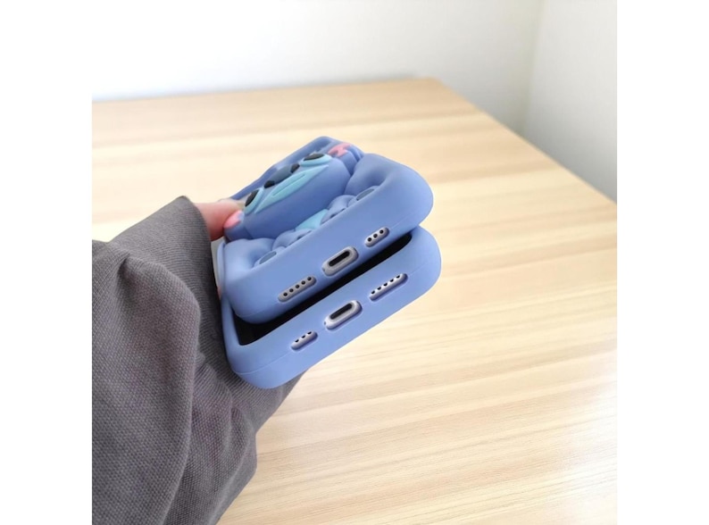 Cute Blue Stitch Phone Case, Soft Silicone iPhone Cover with Grip Stand, Gift for Cartoon Lovers