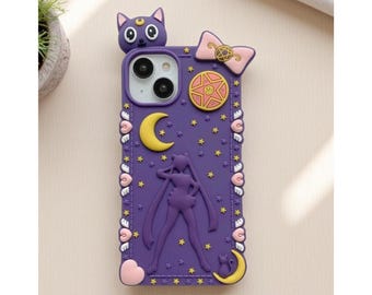 Sailor Moon Luna Cat Phone Case, Cute Purple Cartoon Cover with Bow Tie, Luxury Anime Case for Girls, Gift for Fans