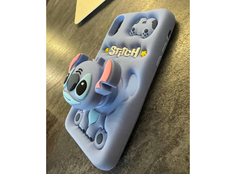 Cute Blue Stitch Phone Case, Soft Silicone iPhone Cover with Grip Stand, Gift for Cartoon Lovers