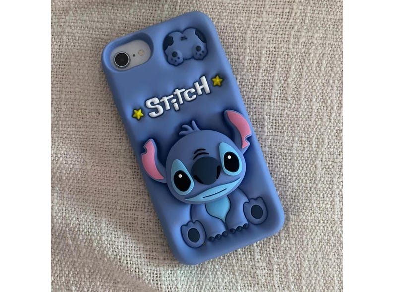Cute Blue Stitch Phone Case, Soft Silicone iPhone Cover with Grip Stand, Gift for Cartoon Lovers