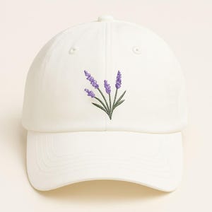 Lavender Flower Embroidered Hat – Washed Cotton Baseball Cap, Curved Brim Summer Hat, Floral Aesthetic Gift, Garden Lover Adjustable Cap