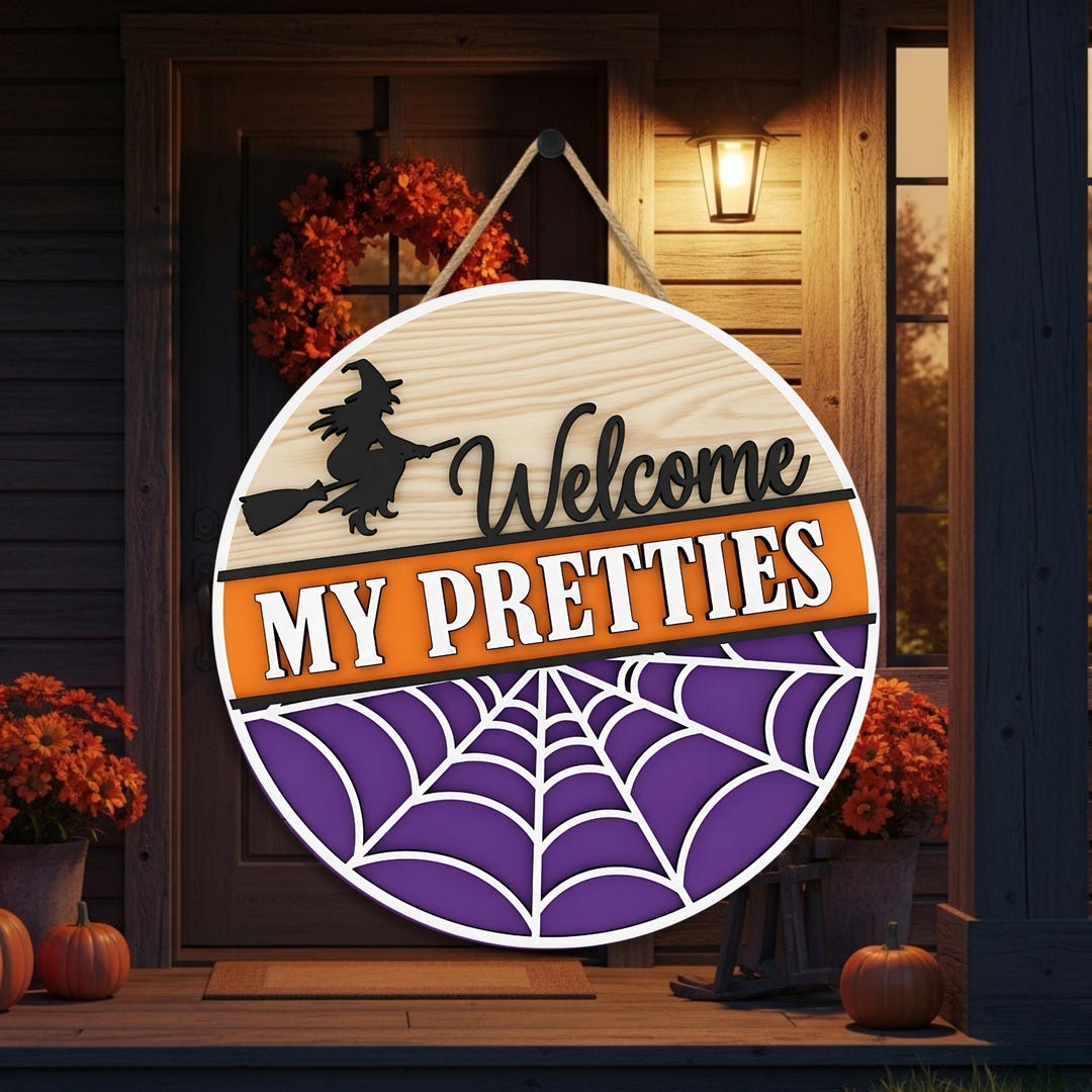 Welcome My Pretties Halloween Door Sign With Witch and Purple Spider ...