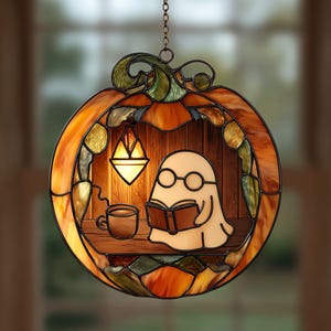 Custom Reading Book Ghost Faux Stained Glass Acrylic Suncatcher, Spooky Reading Nook Window Decor for Halloween, Gothic Book Lovers Gift