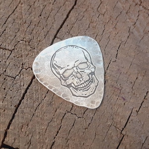Sterling silver guitar pick - playable with skull and hammered edges
