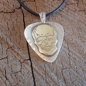 Sterling silver guitar pick pendant with brass skull - mixed metal charm necklace