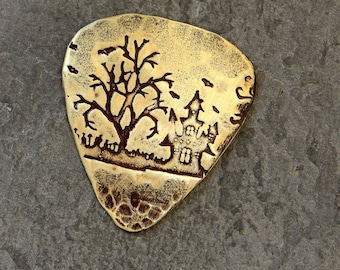 haunted house brass guitar pick with tree and birds - Halloween - spooky guitar pick - playable brass guitar pick