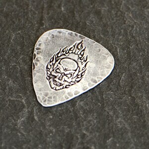 sterling silver guitar pick - playable with flaming skull