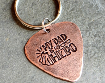 copper guitar pick key ring with my dad is my hero - playable copper guitar pick - NicisPicks