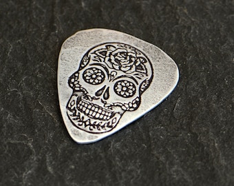 sterling silver sugar skull guitar pick - day of the dead guitar pick - skull plectrum - NicisPicks