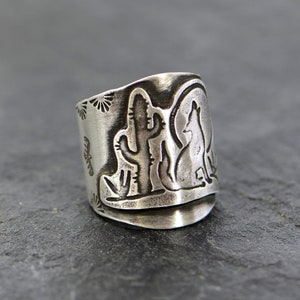 Sterling silver mens cigar band ring with Coyote , Moon and cactus - handmade wide band ring for men