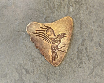 bronze shark fin guitar pick with Norse raven - playable - handmade - NicisPicks