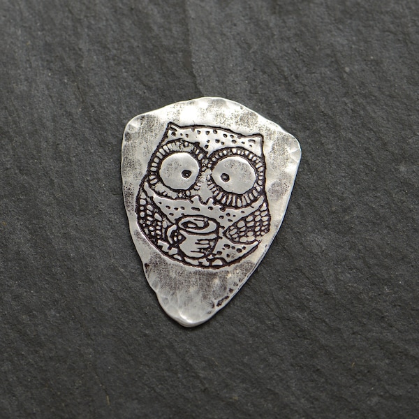 sterling silver shield guitar pick with cute owl - NicisPicks