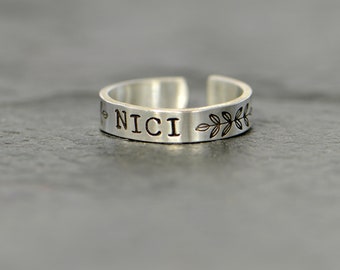 custom sterling silver toe ring with your name and leaves - handmade - custom midi ring or pinky ring