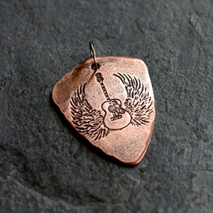 copper shield guitar pick necklace - playable copper guitar pick with winged guitar