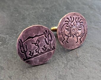 copper cuff links with southwestern theme - Kokopelli cuff links - 1 inch in size - handmade