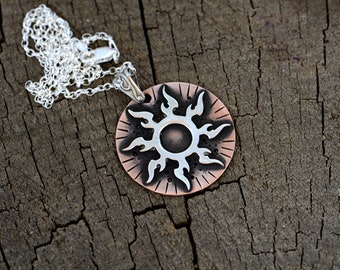 Flaming Sterling Silver Sun on Copper Medallion Mixed Metal Necklace