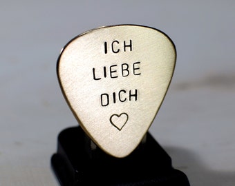 Bronze Guitar pick with i love in in German - Ich Liebe Dich