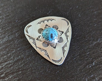 Sterling silver guitar pick with 10mm Kingman mine turquoise - playable - ST1
