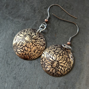 bronze sun flower dangle earrings domed - hammered on the inside - hypo allergenic ear wires