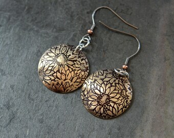 bronze sun flower dangle earrings domed - hammered on the inside - hypo allergenic ear wires