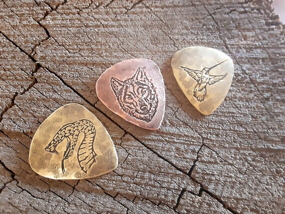 Set of 3 Metal Guitar Picks 2 Brass Guitar Picks One Copper Guitar