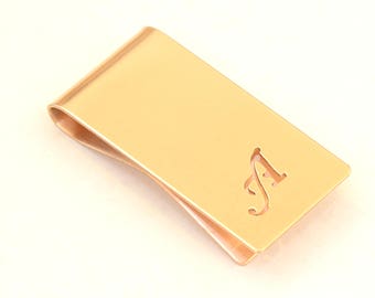 Bronze Money Clip Personalized with Hand Cut Calligraphy Inspired Initial – Parallel to Length Orientation-  MC2398