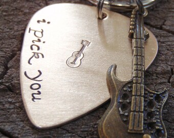 bronze i pick you guitar pick and brass guitar charm keychain - pick is playable - ORIGINAL CREATOR